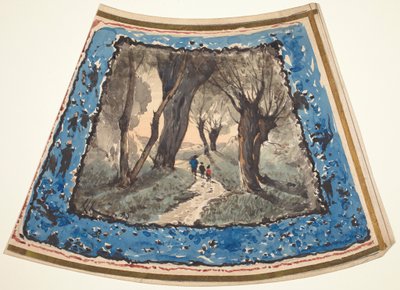 Voyageurs sur un chemin boisé avec une bordure de figures fantaisistes et de singes - Henri-Joseph Harpignies