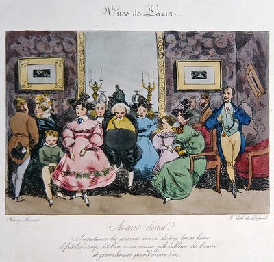 Représentation humoristique du comportement et de la conversation des invités avant le dîner, gravée par François Séraphin Delpech (1778-1825) - Henri Bonaventure (after) Monnier