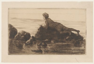 Garçon allongé sur des rochers sur la plage - Henri Charles Guérard