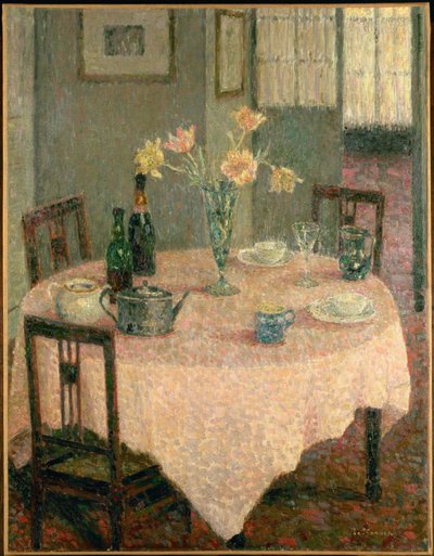 Intérieur avec nappe rose (peinture) - Henri Eugene Augustin Le Sidaner