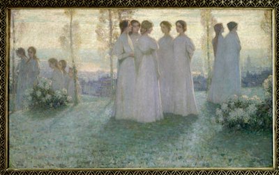 Le dimanche, femme vêtue de blanc parlant dans un jardin. Peinture de Henri Eugène Le Sidaner (1862-1939) - Henri Eugene Augustin Le Sidaner