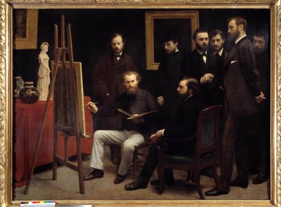 Un atelier aux Batignolles. Parmi les personnages présents : Otto Scholderer, Edouard Manet (1832-1883) assis au centre, Pierre Auguste Renoir (1841-1919), Zacharie Astruc (1835-1907), Emile Zola (1840-1902), Edmond Maître (1840-1888), Frédéric Bazille - Ignace Henri Jean Fantin Latour