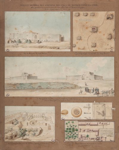 Six vues et dessins du lac Natron en Libye, réalisés lors de la mission de reconnaissance de l