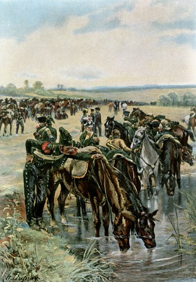 Le colonel Castex nourrit les chevaux avant une charge - Henri Louis Dupray