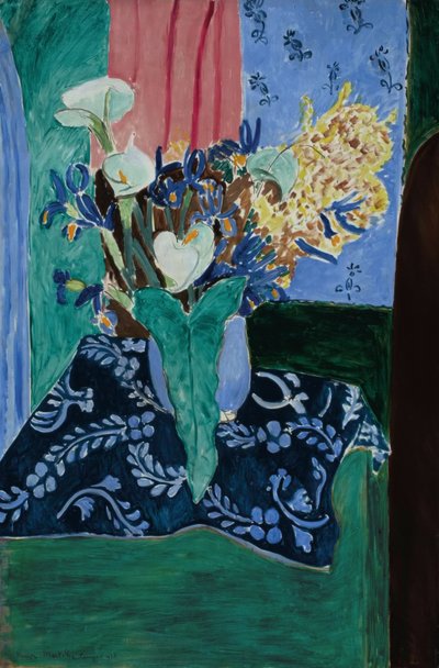 Arums, Iris et Mimosas (Fleurs dans un vase bleu sur une nappe bleue) - Henri Matisse