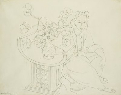 Femme assise avec un vase de tulipes - Henri Matisse