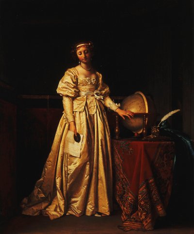 Une dame dans un intérieur, en robe de satin jaune, avec un globe sur une table à côté d