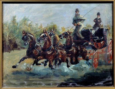 Alphonse de Toulouse-Lautrec conduisant sa malle-poste. La malle-poste est une berline à quatre chevaux, avec plusieurs rangées de sièges sur le toit de la voiture - Henri de Toulouse Lautrec