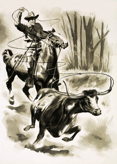 Un cow-boy attrape un bouvillon à cheval avec un lasso - Henry Charles Fox