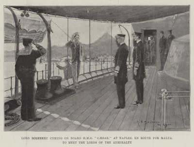 Lord Rosebery montant à bord du HMS Caesar, à Naples, en route pour Malte, pour rencontrer les Lords de l