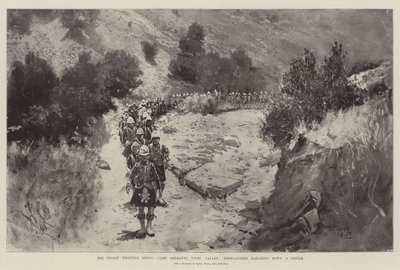 Le soulèvement de la frontière indienne, Camp Sheranni, vallée de Tochi, les Highlanders descendant un défilé - Henry Charles Seppings Wright