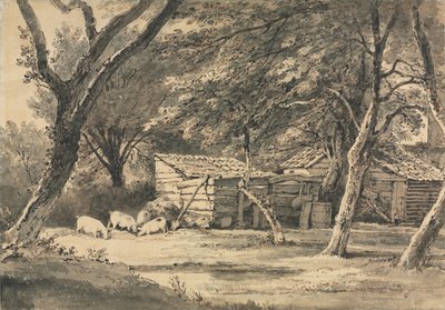 Ferme avec cochons fouillant - Henry Edridge