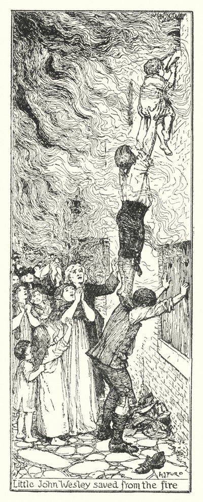 Le petit John Wesley sauvé du feu (lithographie) - Henry Justice Ford