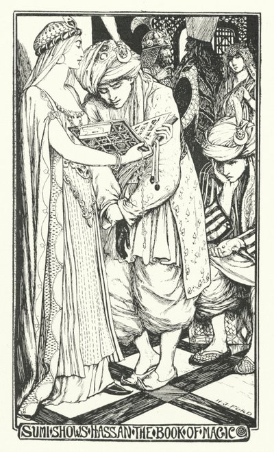 Sumi montre à Hassan le livre de magie (gravure) - Henry Justice Ford