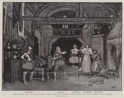 Sous la robe rouge au théâtre Haymarket, la scène entre le capitaine Larolle et Gil de Berault au château - Henry Marriott Paget