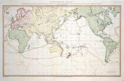Carte générale montrant les découvertes faites par le capitaine James Cook lors de ce voyage et de ses deux précédents, avec les routes des navires sous son commandement. Par le lieutenant Roberts de la Marine Royale - Henry Roberts