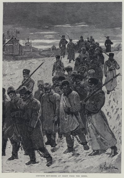 Kara, les condamnés revenant la nuit des mines (lithographie) - Henry Sandham