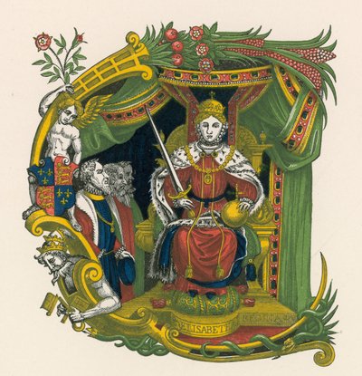 Lettre ornée E, incorporant un portrait de la reine Élisabeth I - Henry Shaw