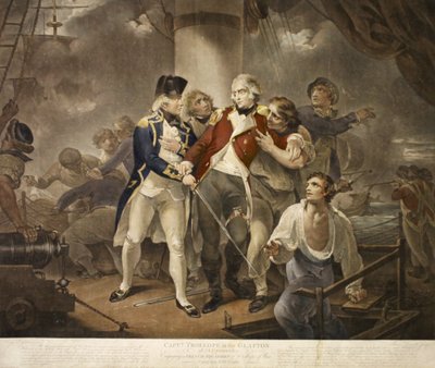 Capt. Trollope dans le Glatton de 54 caronades engageant une escadre française de 8 navires de guerre portant 230 canons, gravé par James Daniell, 1797 - Henry Singleton