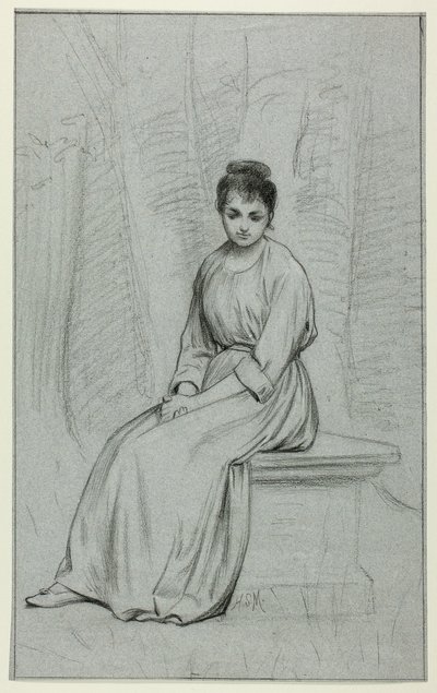 Femme se reposant sur un banc en pierre - Henry Stacy Marks