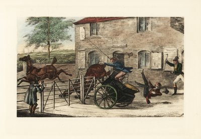 Gentlemen anglais dans une voiture à deux chevaux essayant de sauter une barrière de péage - Henry Thomas Alken