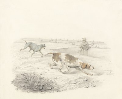 Deux pointeurs, face à droite avec un sportif - Henry Thomas Alken