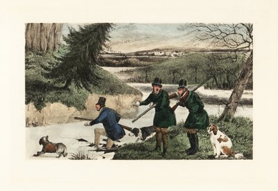 Gentlemen victoriens chassant des canards avec des fusils et des chiens sur un lac gelé - Henry Thomas Alken