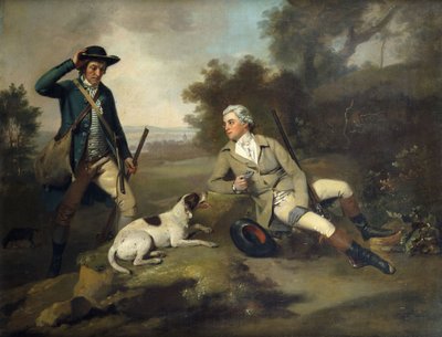 Un gentleman allongé avec un fusil et un chien et son garde-chasse debout à proximité - Henry Walton