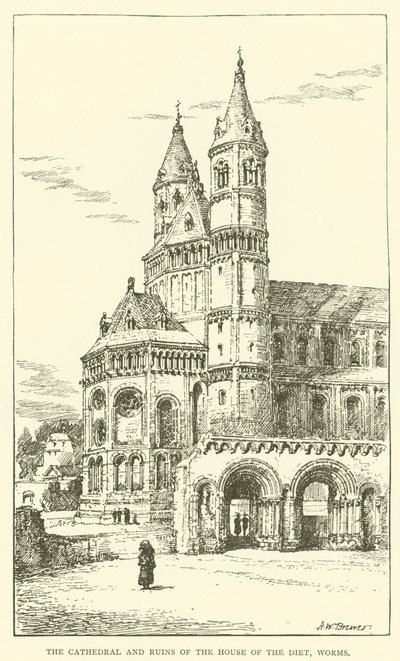 La cathédrale et les ruines de la maison de la Diète, Worms (gravure) - Henry William Brewer