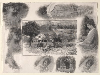 Paysage avec cottage et vaches entouré de divers croquis - Henry Wolf