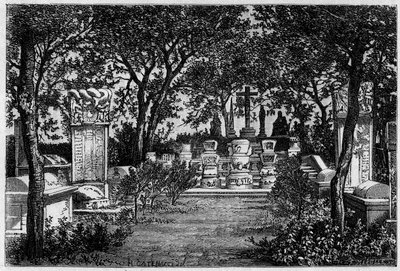 Sépultures des jésuites Matteo Ricci (1552-1610) et Adam Schall von Bell (1592-1666) à Pékin (Beijing) dans les années 1870. Gravure d