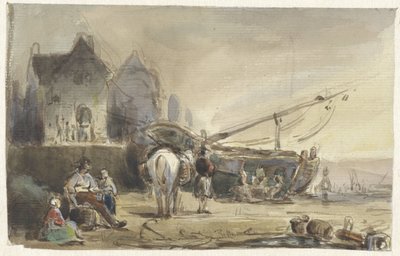 Vue de plage avec des bateaux et des pêcheurs - Herman Frederik Carel ten Kate