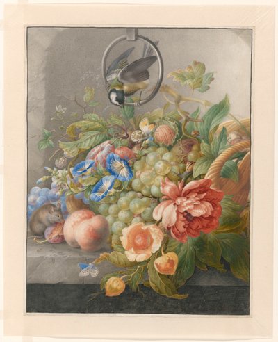 Nature morte avec fleurs, fruits, une mésange charbonnière et une souris - Herman Henstenburgh