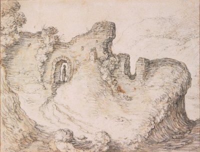 Paysage rocheux avec ruines, formant le profil d