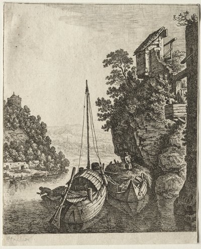 Deux bateaux amarrés sous un rocher - Herman Saftleven