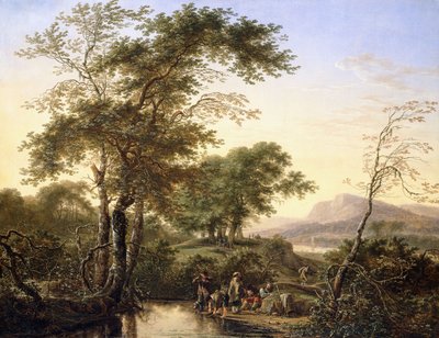 Un vaste paysage fluvial italianisant avec des voyageurs près d