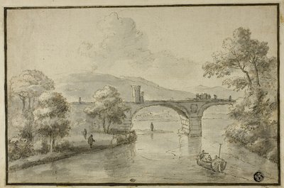 Rivière avec pont en arc et bateau - Herman van Swanevelt