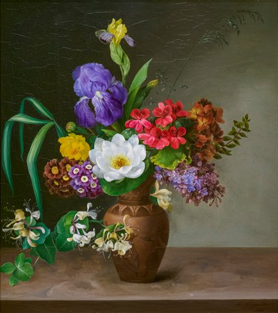 Vase à la grecque avec iris, lilas (huile sur métal) - Hermania Neergaard