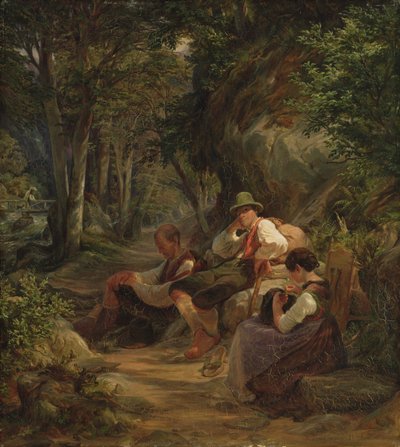 Trois Bavarois Supérieurs Se Reposant sur un Chemin Alpin, 1841 - Hermann Kauffmann