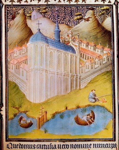 Moines chartreux pêchant et accrochant des poissons dans des étangs à Chartreuse, France, 15e siècle - Hermann Limbourg