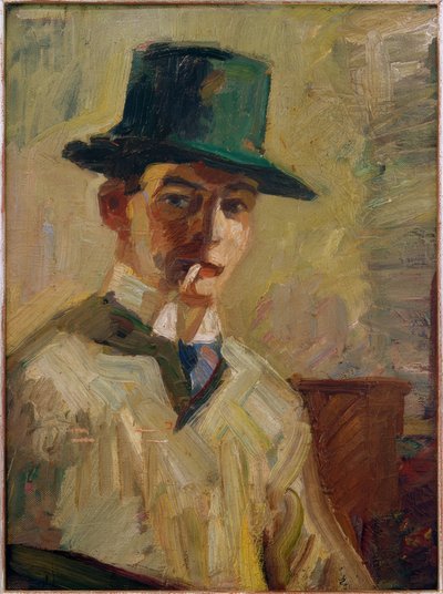 Autoportrait avec chapeau haut et cigarette - Hermann Stenner