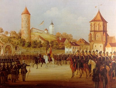 Hermann Volz Parade de la garde civique de Biberach à la porte de Riedlingen en 1849 - Hermann Volz