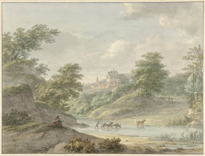 Paysage avec dessinateur assis et château au bord de l