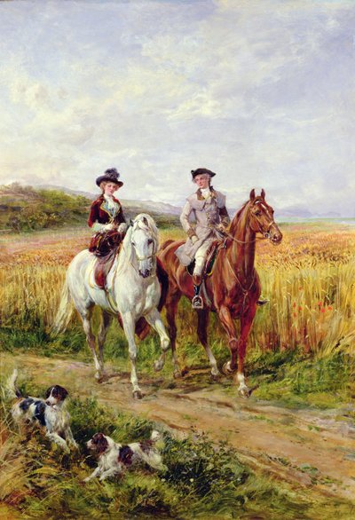 Couple à cheval avec leurs chiens - Heywood Hardy