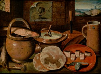 Hollandais : Nature morte avec poterie, hareng et crêpes ; à droite, vue sur un couple dans un paysage avec potence et moulin Nature morte avec un repas de pauvre composé de bouillie, fromage, hareng et crêpes - Hieronymous Francken II