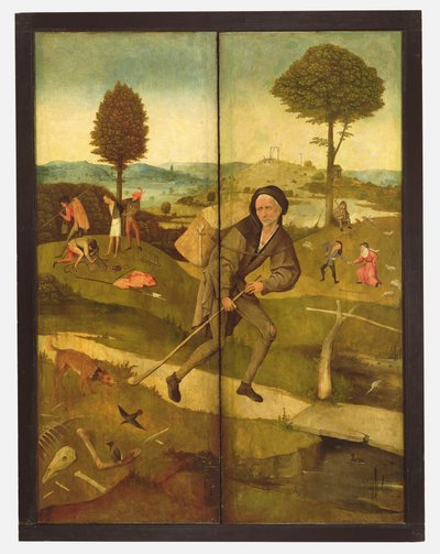 La Charrette de foin, avec panneaux fermés montrant Everyman marchant sur le chemin de la vie - Hieronymus Bosch