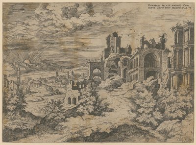 Ruines du Palatin avec panorama, feuille n° 3 de la série « Praecipua aliquot Romanae Antiquitatis Ruinarum Monimenta [...] » - Hieronymus Cock