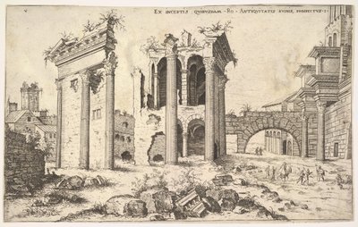 Vue de ruines non identifiées avec une façade à architrave à gauche, des arcades au centre et une arche à droite - Hieronymus Cock
