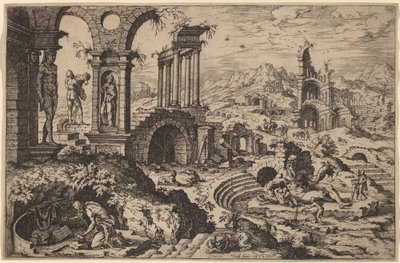 Saint Jérôme dans un Paysage avec des Ruines - Hieronymus Cock after Maerten van Heemskerck
