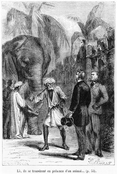 Phileas Fogg devant un éléphant, illustration de 